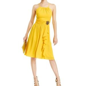 Nine West Yellow Halter Dress Size 8 Brocade Ruffles Flowy Swing Mod Retro